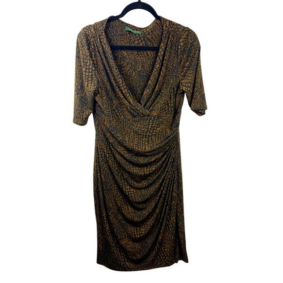 Lauren Ralph Lauren, Brown Black Animal Print Dress, Ruched Draped Wrap Style - Picture 1 of 16